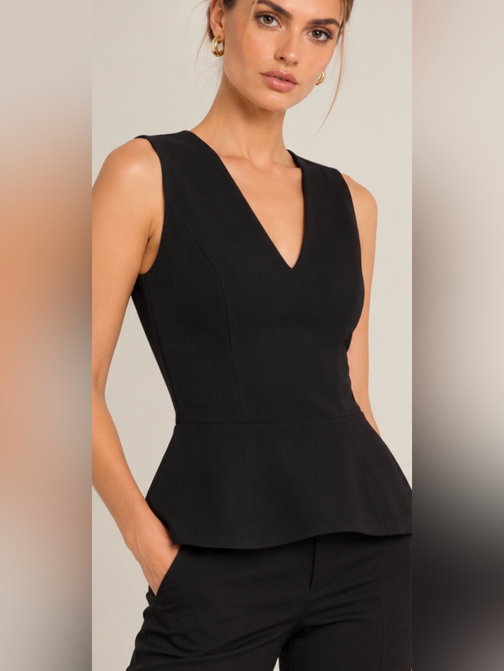 VICTORIA BECKHAM Black Deep V Fitted Peplum Blouse like new